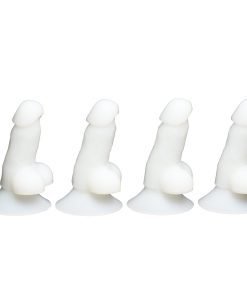 Four white silicone novelty items displayed in a row