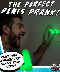 Man laughing while interacting with a novelty prank product shaped like a penis