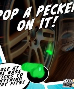 A humorous image featuring a green novelty item on a car wheel with catchy text.