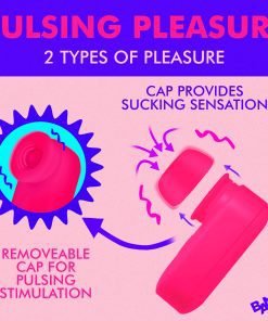 Pulsing pleasure device demonstrating removable cap and sucking sensation features