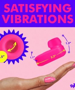 Vibrating device for enhanced pleasure, shown in vibrant pink on a hand.