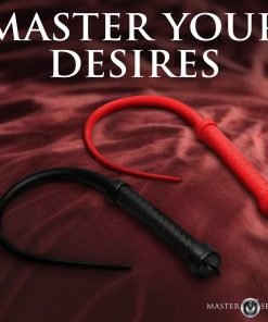 Two colorful whips, one red and one black, on a luxurious fabric background.
