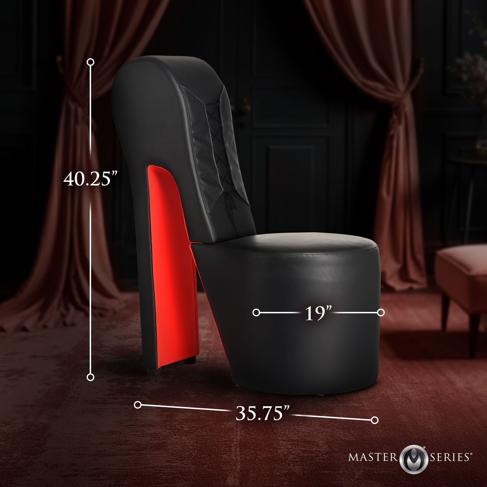 Black high-heeled chair with red accents, ideal for modern decor