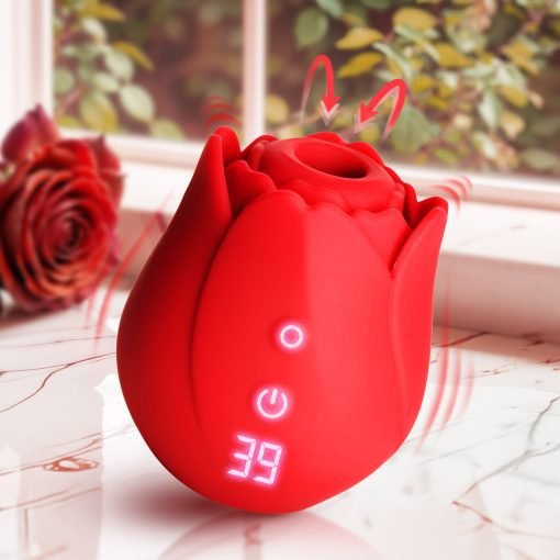 A stylish red rose-shaped humidifier with digital display on a marble surface