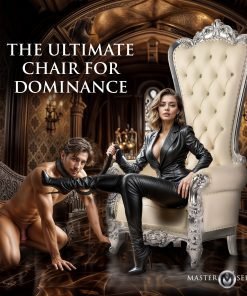 An elegant, dominant woman in a leather outfit seated on a lavish throne, with a submissive figure at her feet.