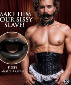 A muscular man wearing a black corset and a gag, promoting a sissy slave product.