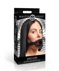 Silicone open mouth gag packaging featuring a model