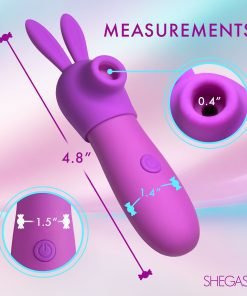 Vibrant purple vibrator with bunny ears and detailed measurements