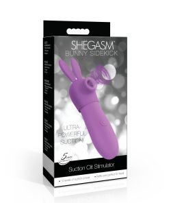 Purple bunny-shaped suction clit stimulator in packaging