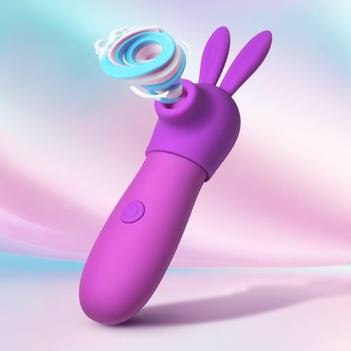 Purple bunny-shaped device with swirling blue and white design
