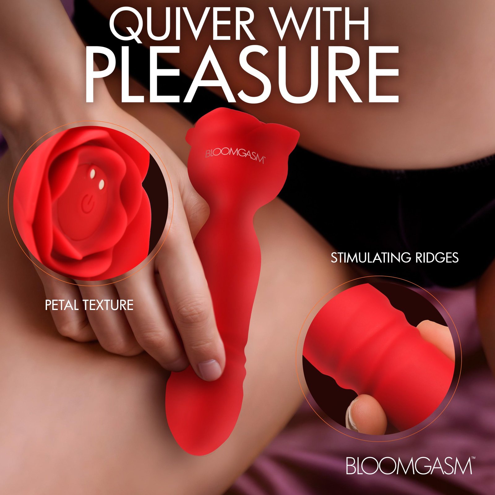 A close-up of a red pleasure device with a petal texture, held by a hand.