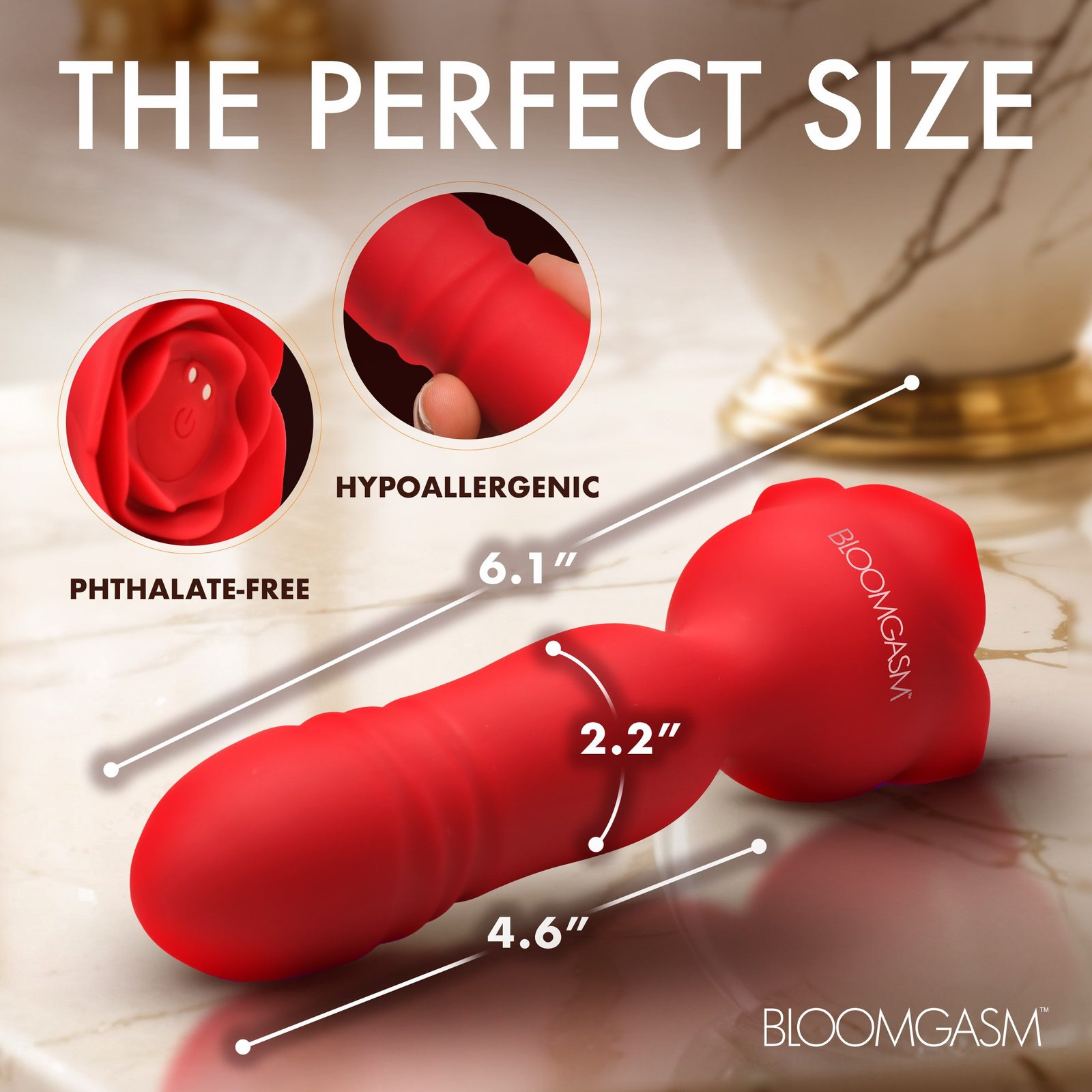 Red vibrator with a floral design, showcasing its size and features