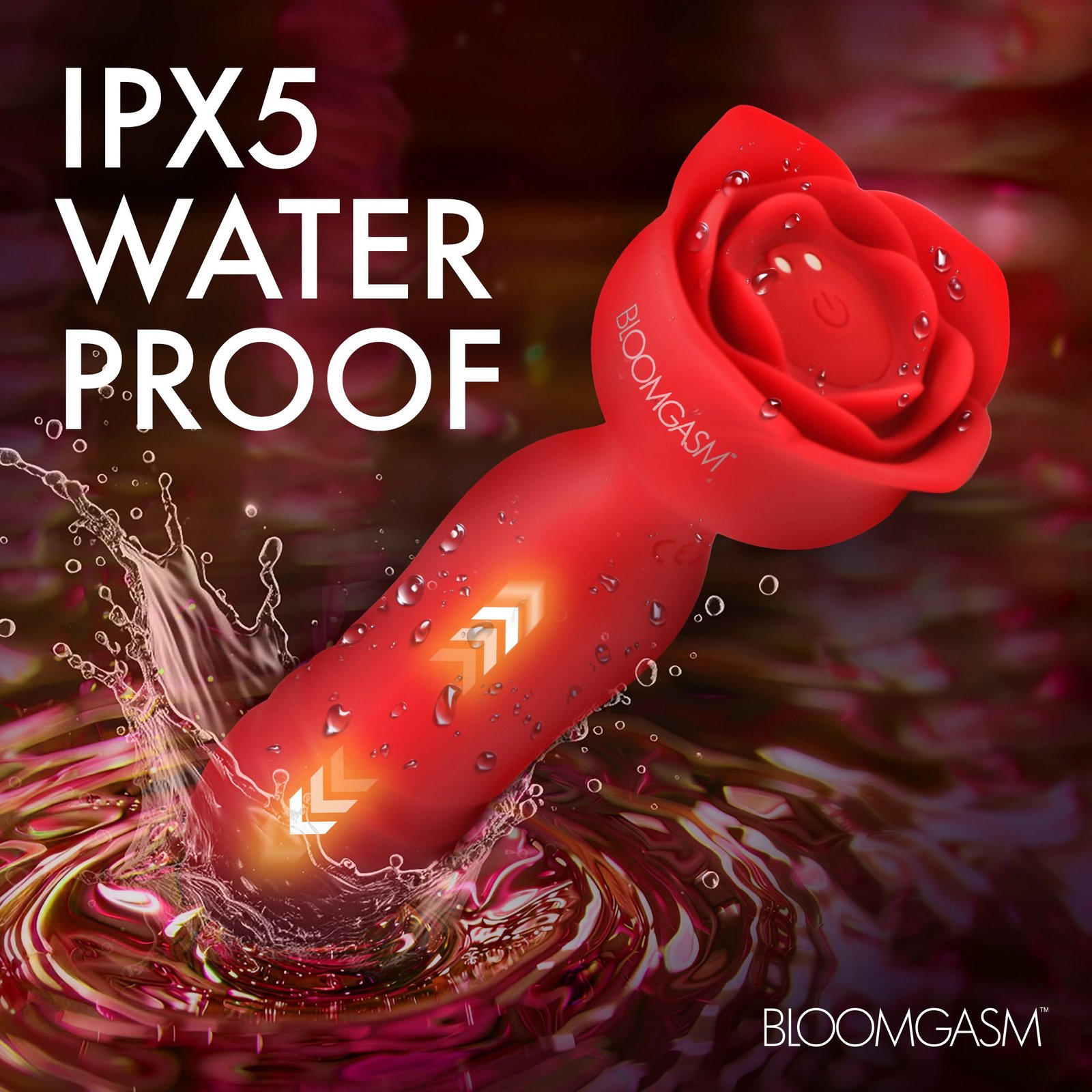 Red waterproof device with a rose design in water