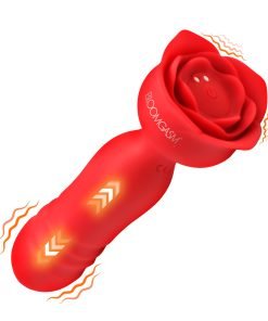 Red rose-shaped vibrator with soft silicone texture and vibration settings