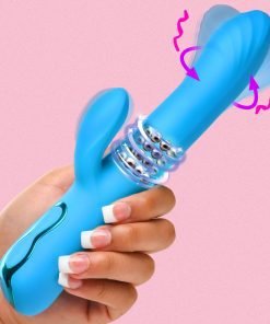 Bright blue vibrating rabbit-style massager held in a hand