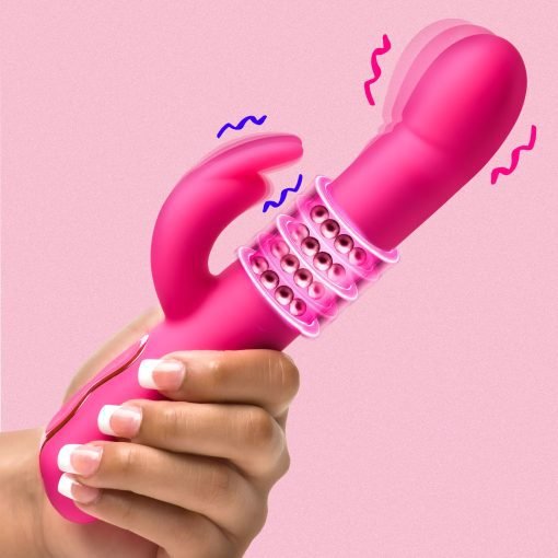 Vibrant pink vibrator held in hand against a pink background