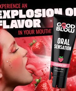 Strawberry flavor gel with a vibrant design featuring a model enjoying the product