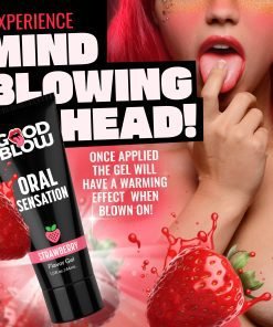 Strawberry flavored warming oral gel with playful branding
