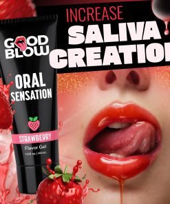 Strawberry flavored oral gel with a glossy finish and strawberries in the background