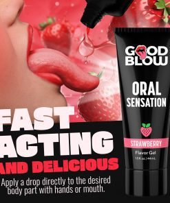 Strawberry flavored oral sensation gel tube with a person licking their tongue