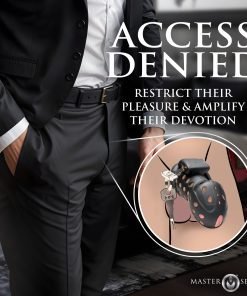 A man in a suit with a belt, featuring a chastity device in the corner