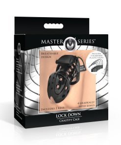 Master Series Lock Down Chastity Cage packaging with breathable design and multiple rings.