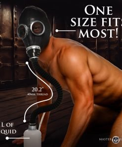 Man in a gas mask with a liquid container, showcasing a unique design.