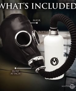 Black gas mask and white bottle with hose attachment featured in the image