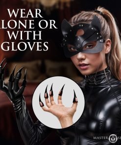 A model wearing a black leather outfit and a cat mask, showcasing dramatic claw accessories.