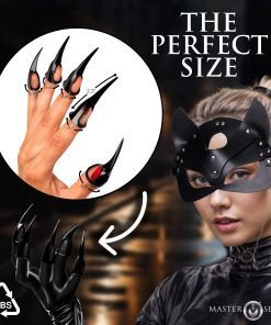A hand with long black nails and a woman in a black mask