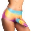 Colorful unicorn-themed shorts on a model