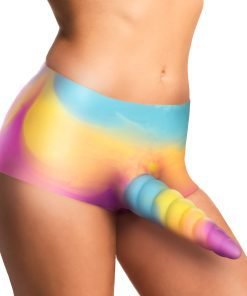 Colorful unicorn-themed shorts on a model