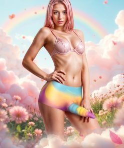 A whimsical portrait of a woman with pink hair in a colorful setting