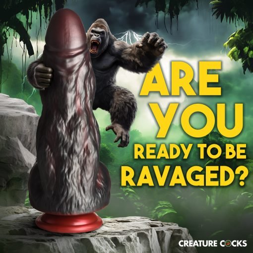 A playful and provocative image featuring a gorilla and an exaggerated object.