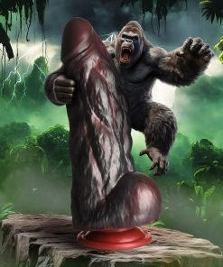 A fierce gorilla in a jungle environment interacting with a large, unusual object.