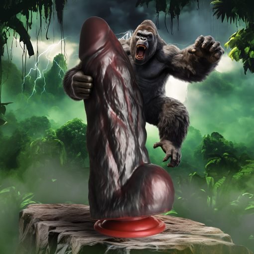 A fierce gorilla in a jungle environment interacting with a large, unusual object.