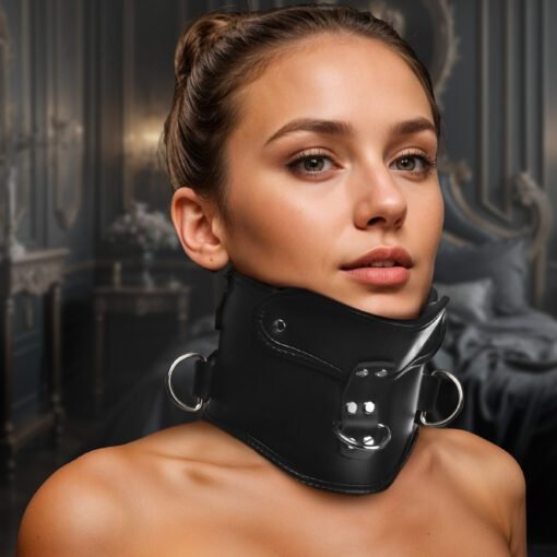 Model wearing a black neck brace in a luxurious interior setting