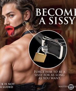 A man showcasing a playful bondage accessory with a gag and a lockable strap.