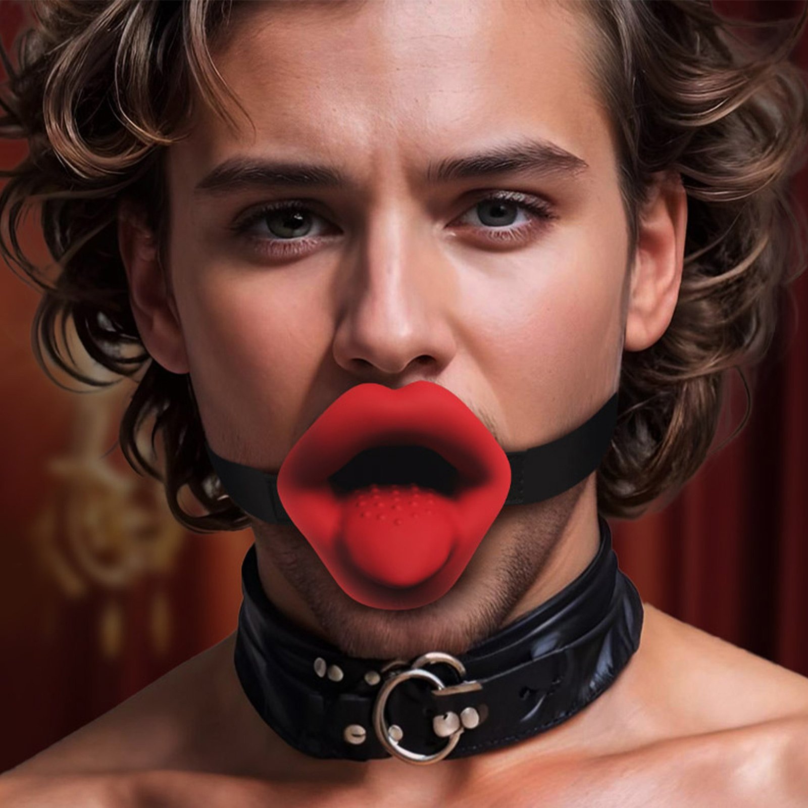 A man with a playful red mouthpiece and leather collar