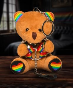 Colorful plush bear with rainbow accessories and a keychain.
