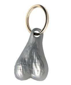 A metallic keychain shaped like a pair of testicles