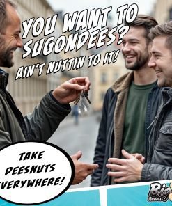 Three friends laughing and sharing keys outdoors