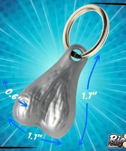 Silver keychain with a humorous design resembling male anatomy