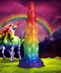 Colorful unicorn with a rainbow dildo in a whimsical landscape