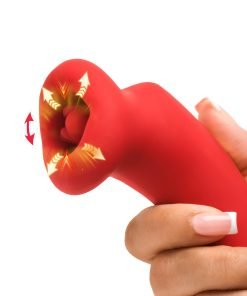 A close-up of a red silicone adult toy being held in a hand