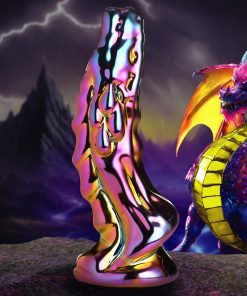 A shiny, colorful sculpture in a fantasy landscape with a dragon