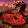 A vibrant red snake with intricate patterns and a rocky landscape in the background.