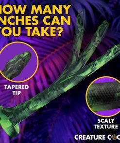A stylized green object with a tapered tip and scaly texture, set against a vibrant purple background.
