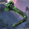 Green snake-shaped object with a metallic end in a lush background