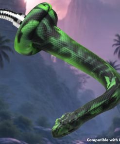 Green snake-shaped object with a metallic end in a lush background